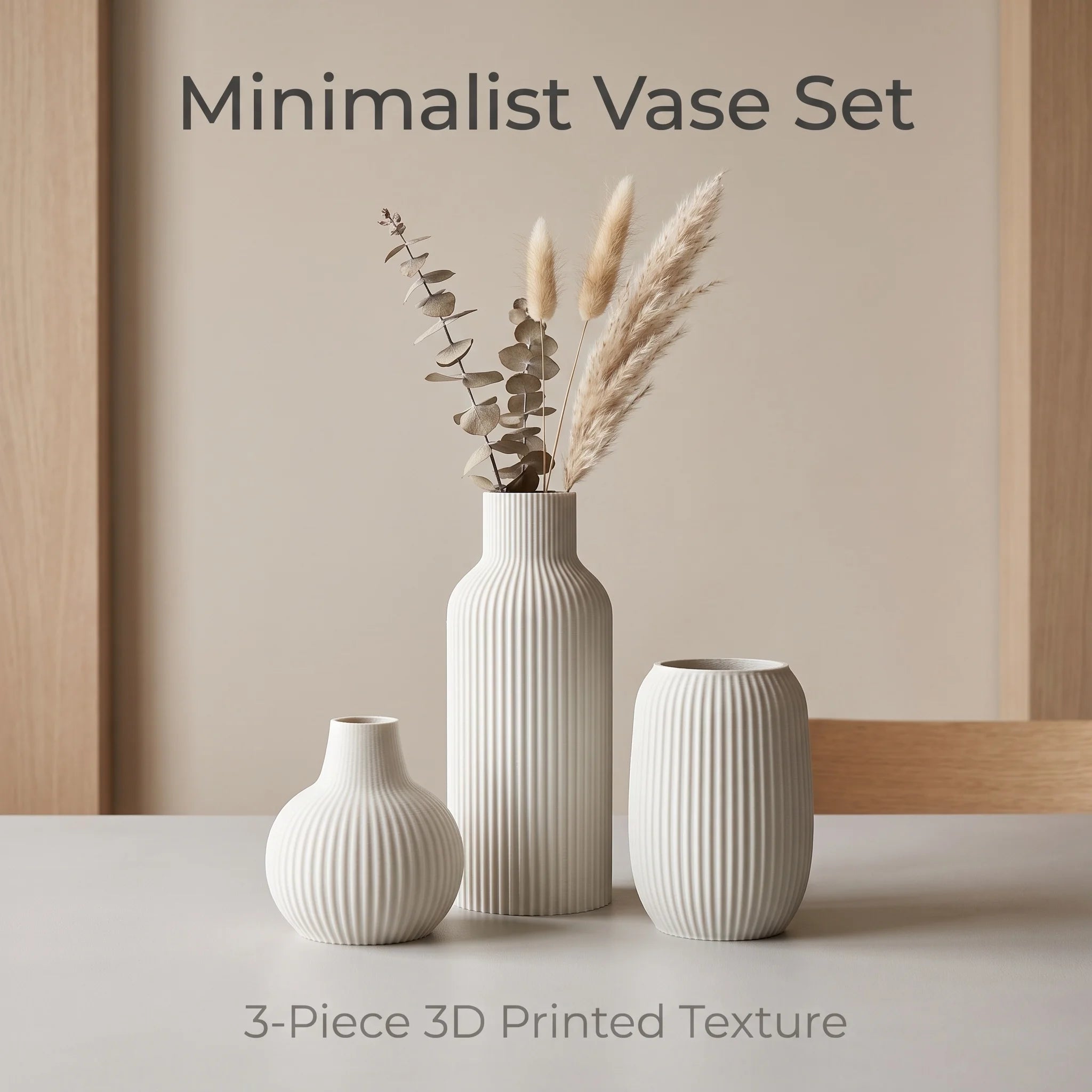3-delige matte plastic 3D-geprinte vaasset, verticaal gestreepte reliëfdecoratieve vazen, modern minimalistisch voor eetkamer en woonkamer
