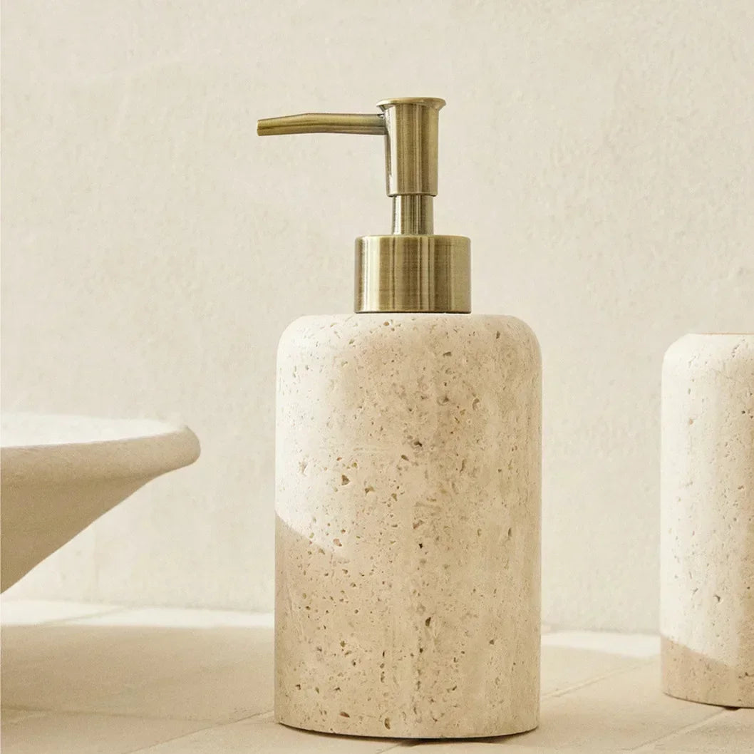 Groothandel op maat gemaakte natuurlijke gele travertijn marmeren navulbare badkamer vloeibare zeep/lotion dispenser houder