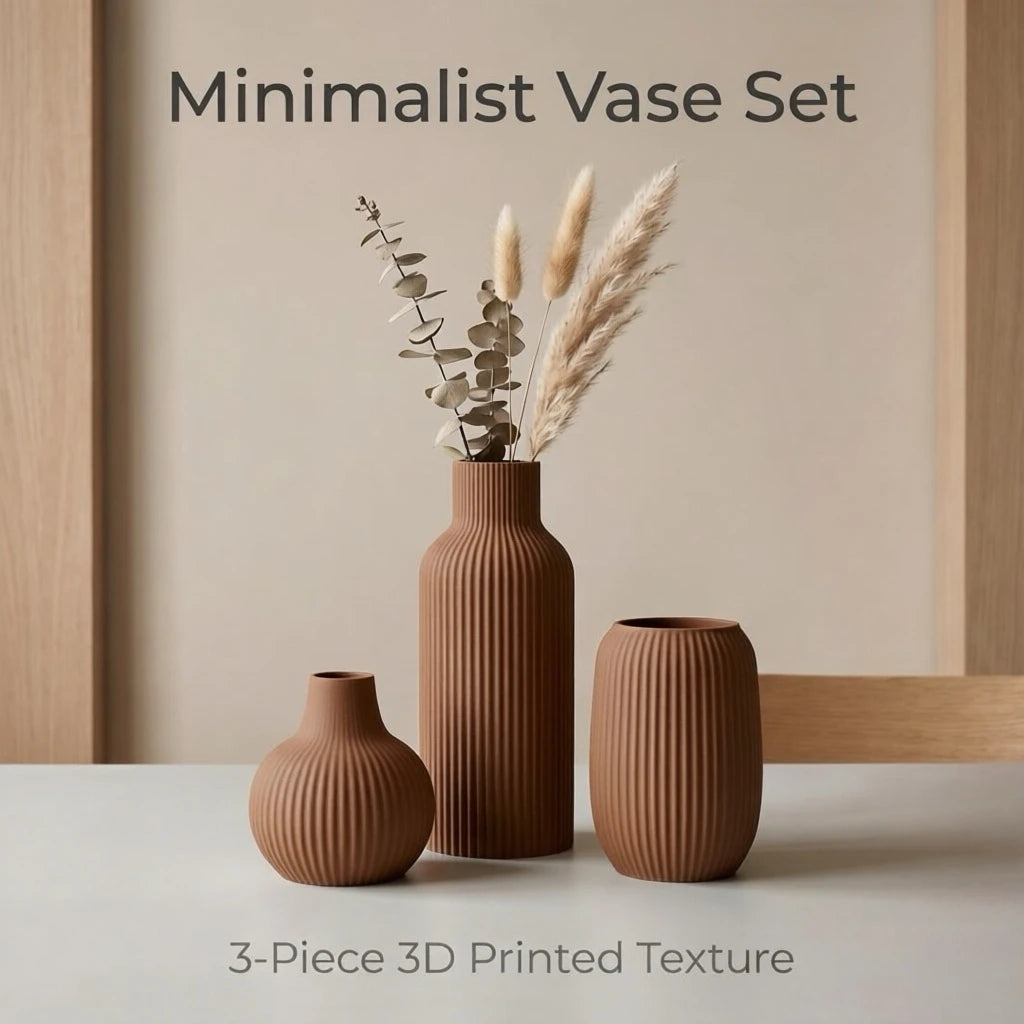 3-delige matte plastic 3D-geprinte vaasset, verticaal gestreepte reliëfdecoratieve vazen, modern minimalistisch voor eetkamer en woonkamer