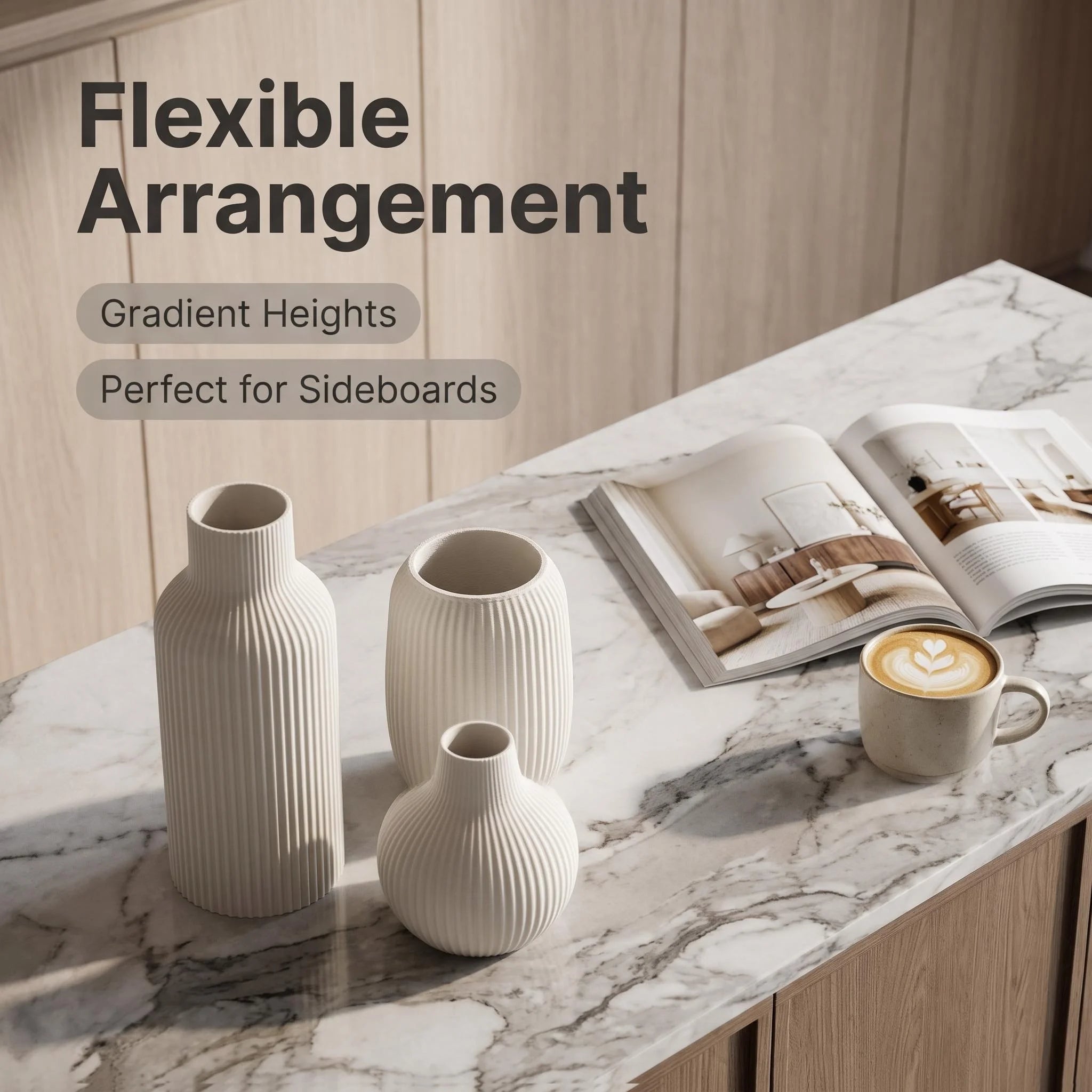 3-delige matte plastic 3D-geprinte vaasset, verticaal gestreepte reliëfdecoratieve vazen, modern minimalistisch voor eetkamer en woonkamer