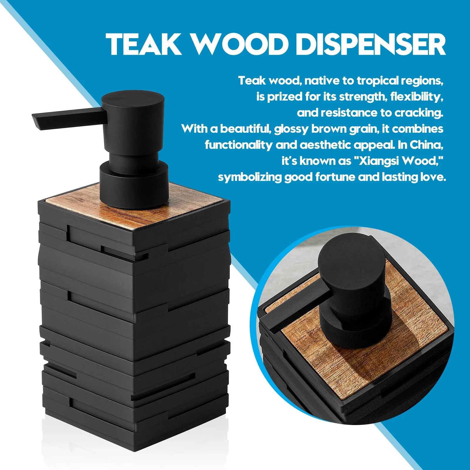 Matzwart met teakhout decoratie zeepdispenser voor badkamer keuken aanrecht vierkant grote capaciteit 10oz
