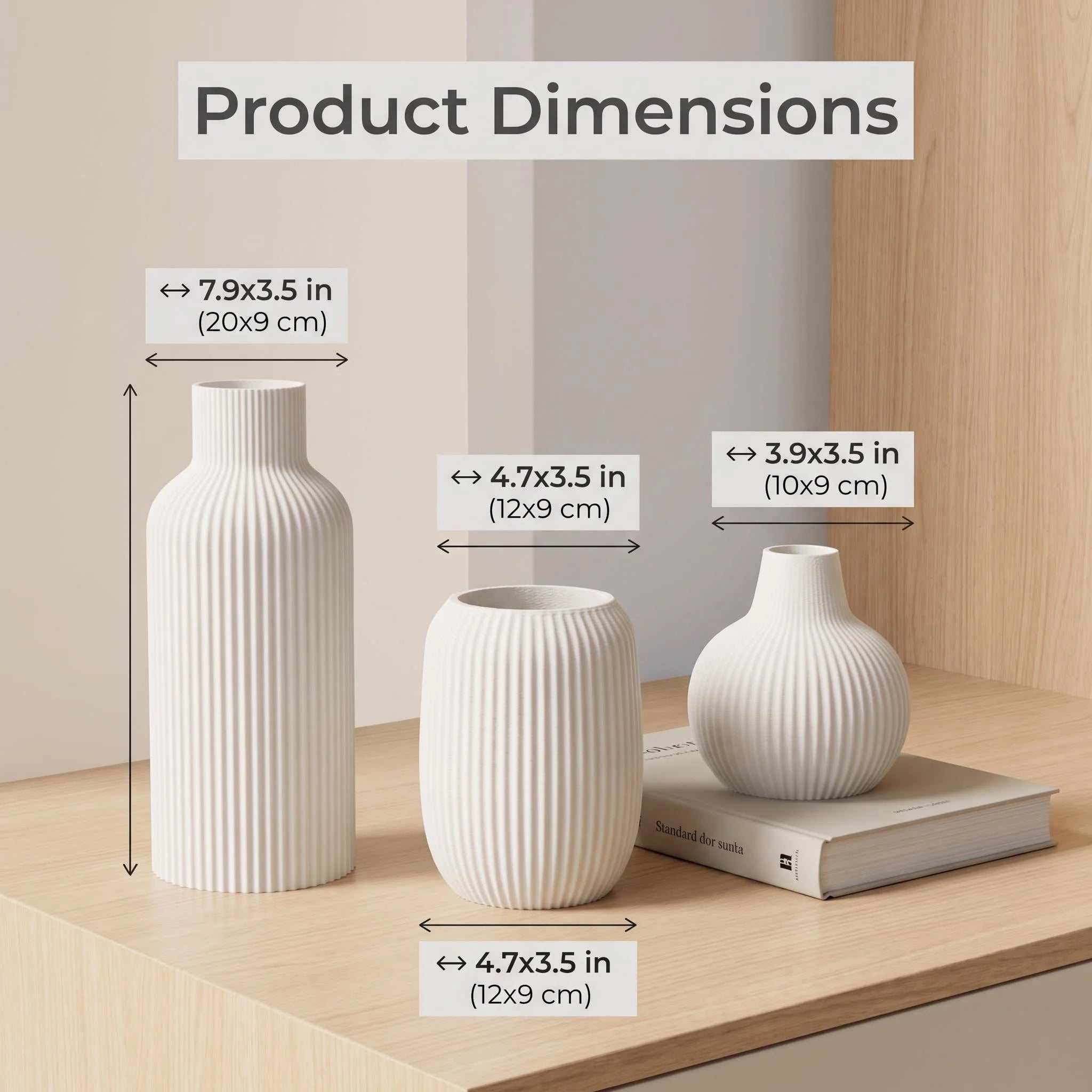 3-delige matte plastic 3D-geprinte vaasset, verticaal gestreepte reliëfdecoratieve vazen, modern minimalistisch voor eetkamer en woonkamer