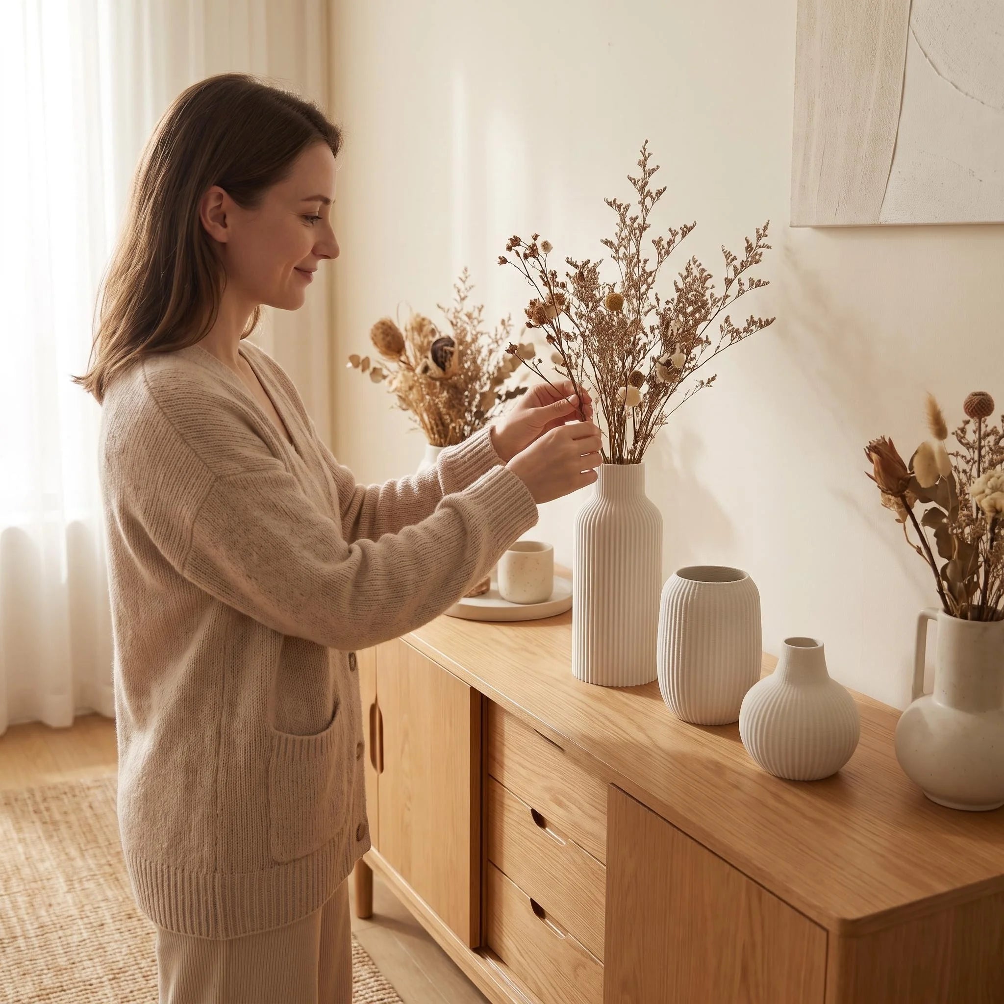3-delige matte plastic 3D-geprinte vaasset, verticaal gestreepte reliëfdecoratieve vazen, modern minimalistisch voor eetkamer en woonkamer