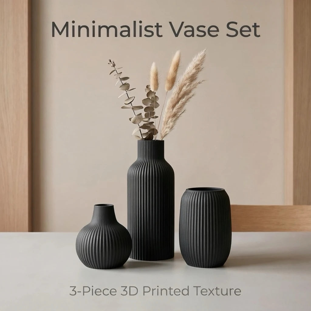 3-delige matte plastic 3D-geprinte vaasset, verticaal gestreepte reliëfdecoratieve vazen, modern minimalistisch voor eetkamer en woonkamer